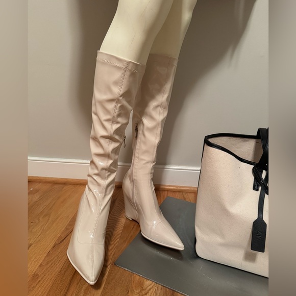 Slouchy leather high boots pointed toe tall heeled boots patent wedge heel - Picture 3 of 6